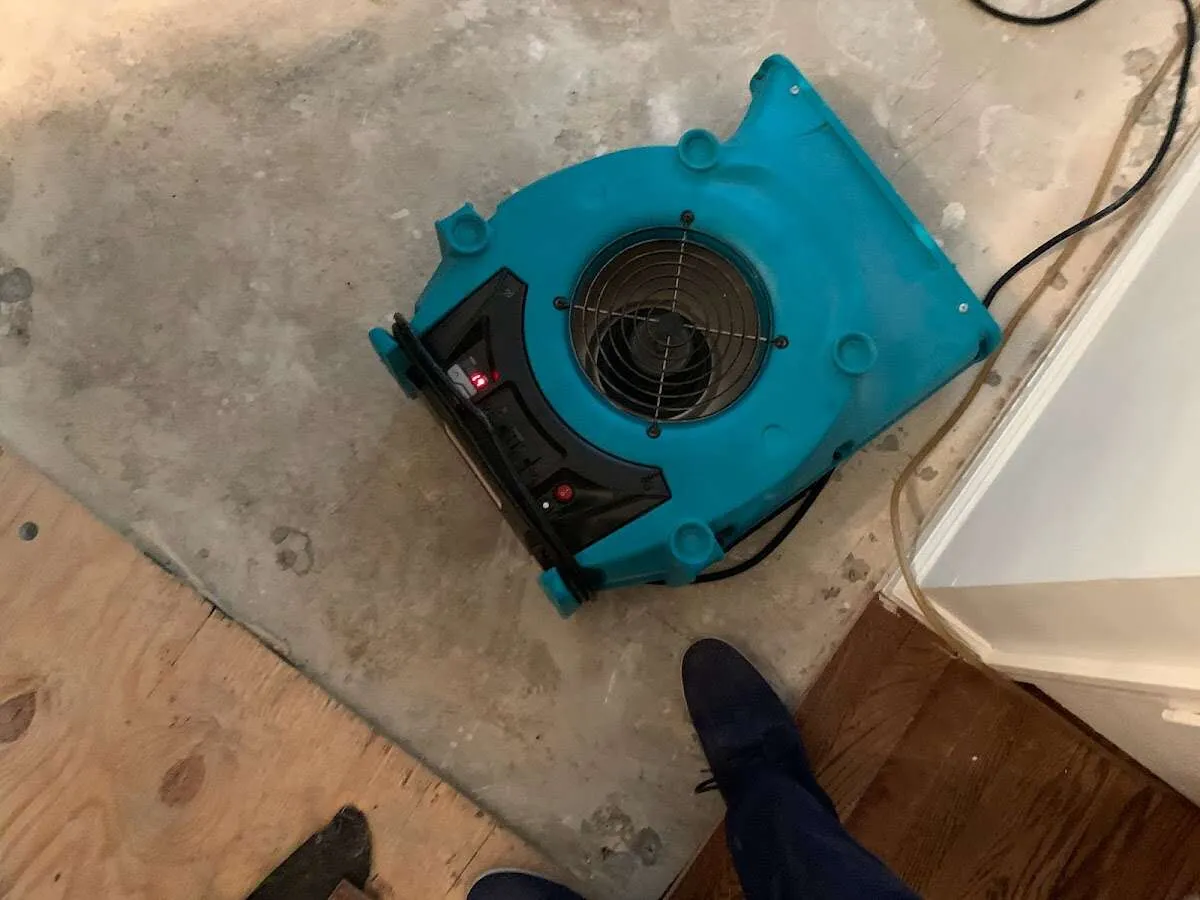 Air mover drying subfloor during Commercial Water Damage Restoration in Goldsboro